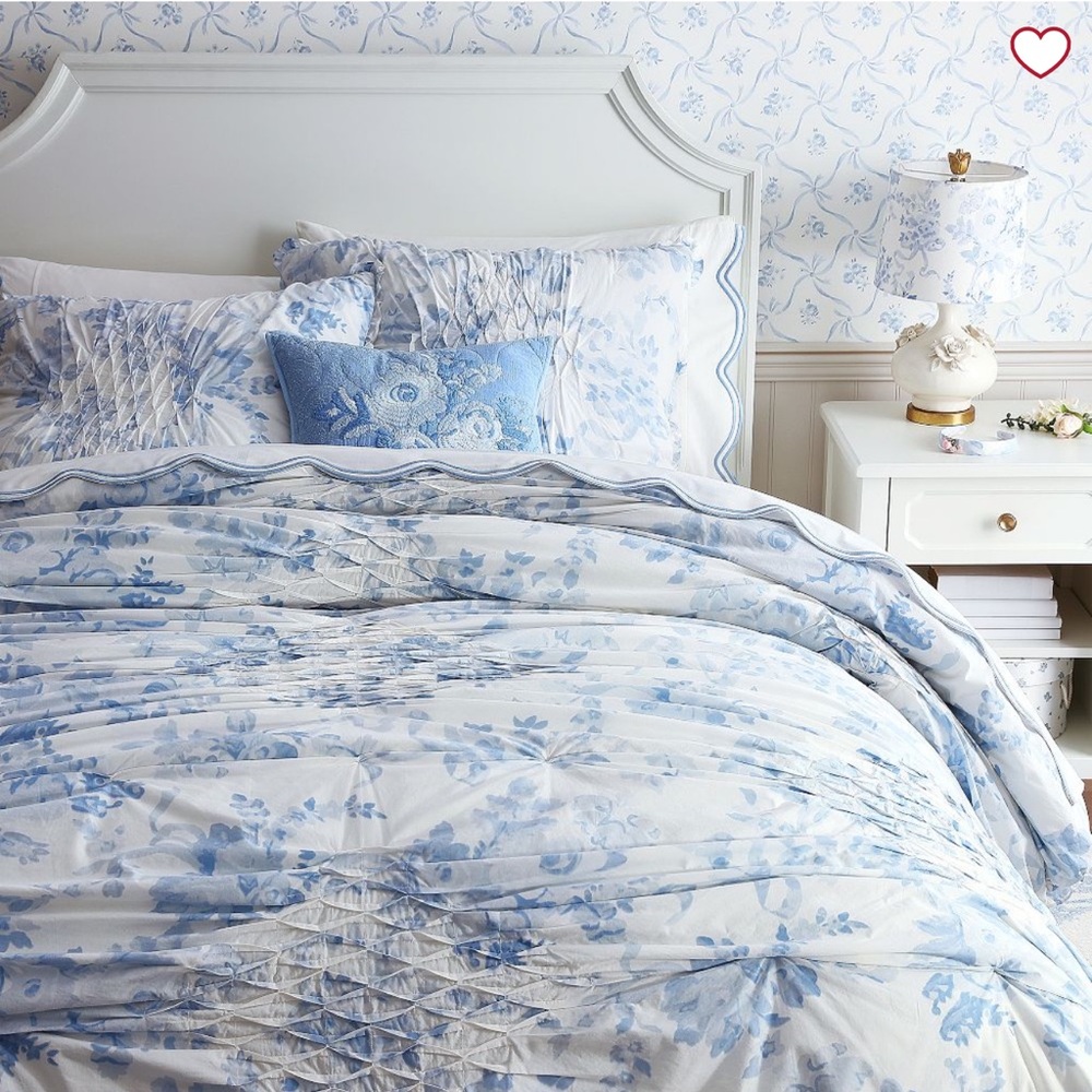 Pottery Barn Teen LoveShackFancy smocked damask quilt blue and sham